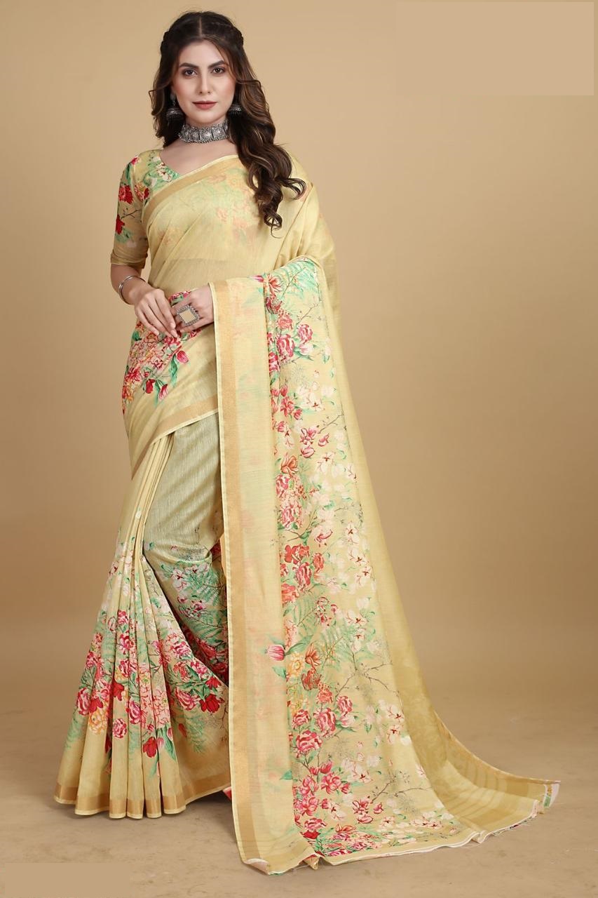Pure Linen Digital Floral Printed With Tiny Zari Border Sarees