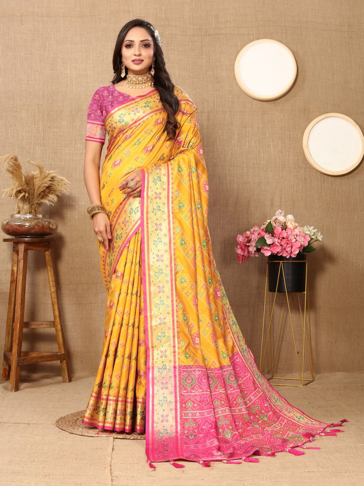 Yellow Soft Patola Silk Meenakari Weaved Saree