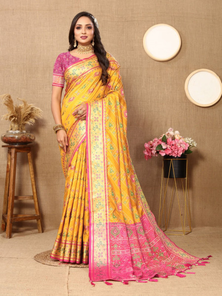 Image of Yellow Soft Patola Silk Meenakari Weaved Saree
