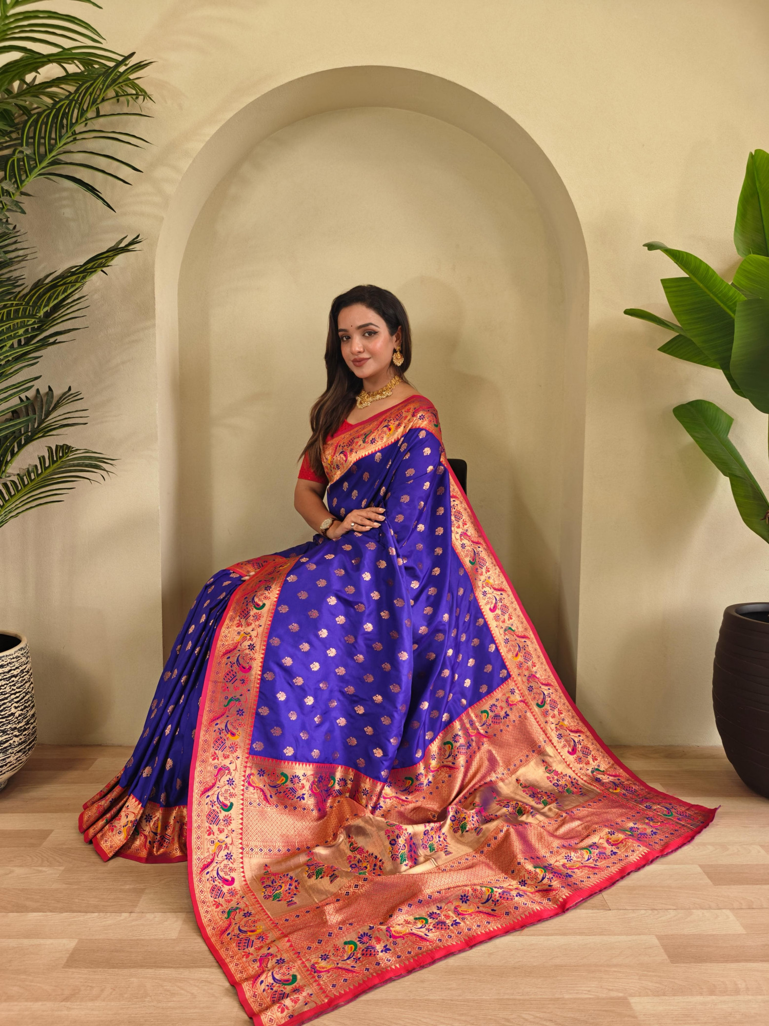 Royal Blue Banarasi Paithani Silk Zari Meena Weaved Contrast Saree