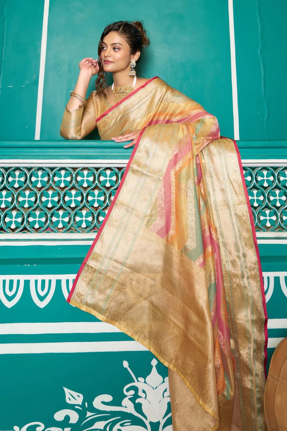 Pure Organza Silk Multi Color Lehariya Zari Weaved Pallu Saree