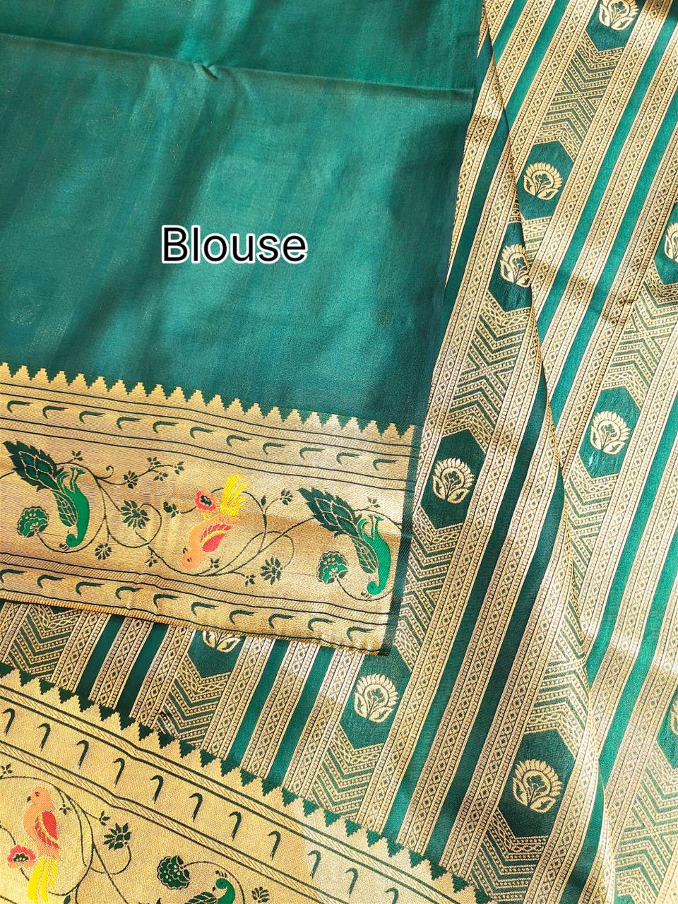 Bottle Green Premium Soft Paithani Silk Rich Zari Meena Weaved Saree