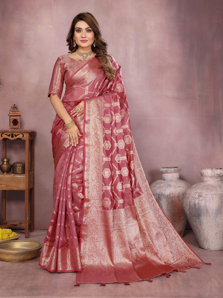 Image of Pink Soft Organza Silk Rich Zari Weaved Body Pallu Border Saree