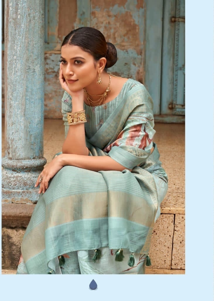 Linen Digital Printed Sarees With Zari Border And Rich Zari Pallu