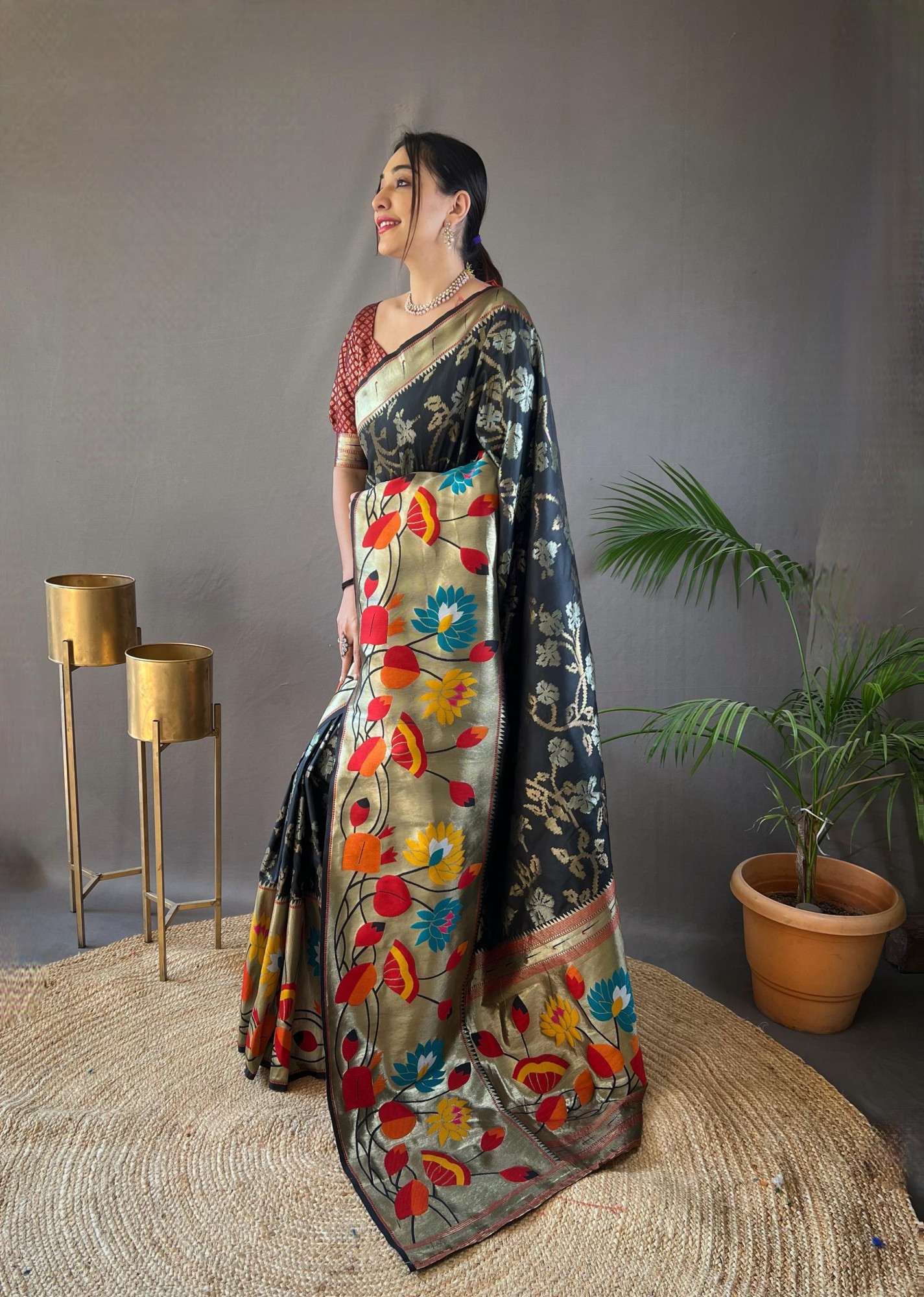 Black Banarasi Paithani Silk Rich Zari Meenakari Weaved Saree