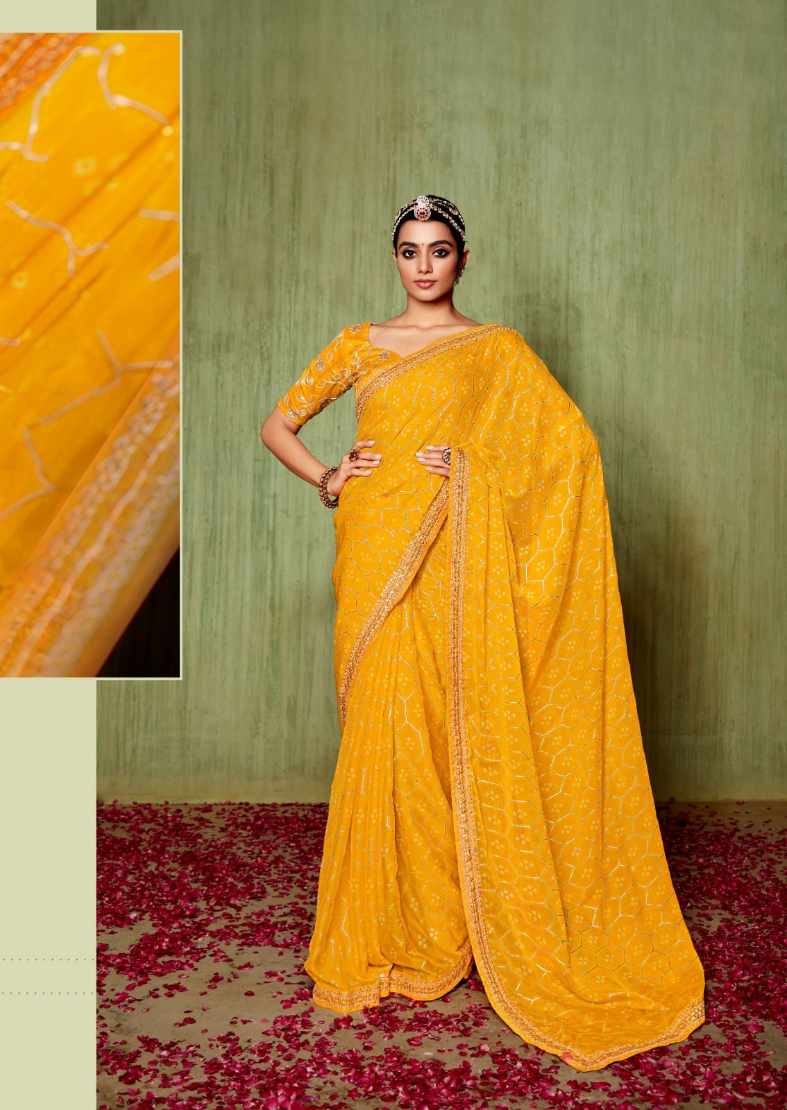 Pure Chiffon Foil Print And Embroidery Sequence Border Saree