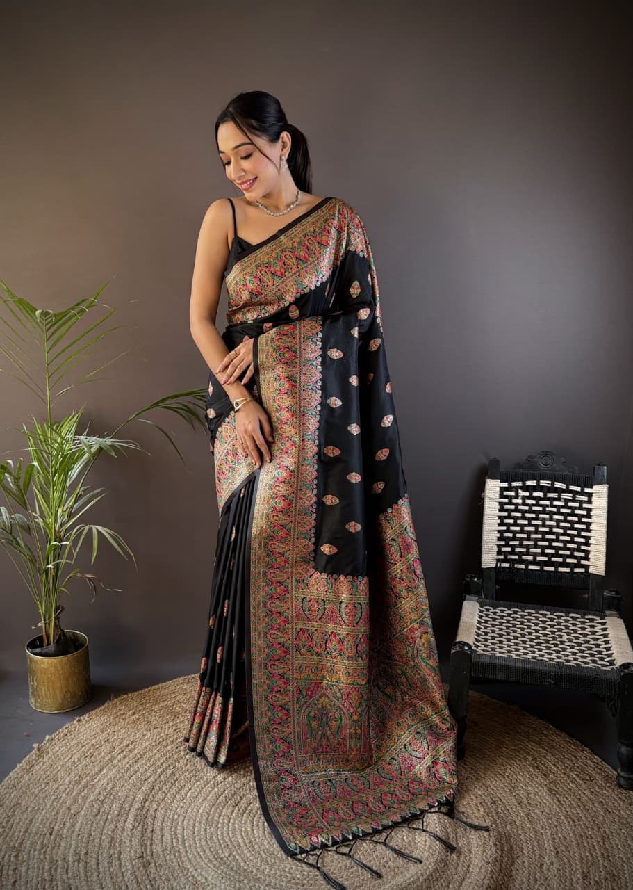 Obsidian Black Pure Kashmiri Pashmina Silk Meena Weaved Saree