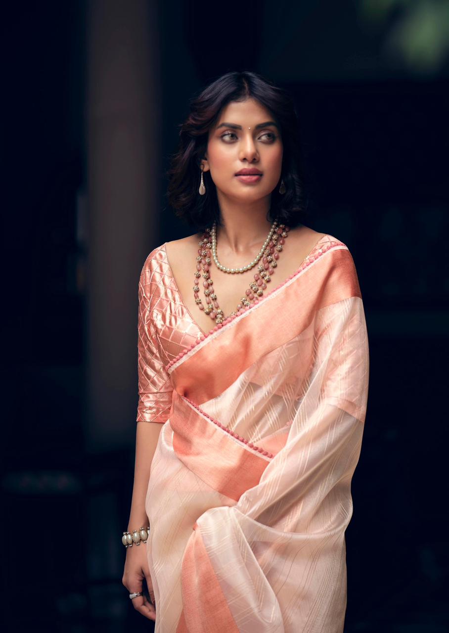 Pure Organza Silk All Over Zari Check Weaved With Satin Border Saree