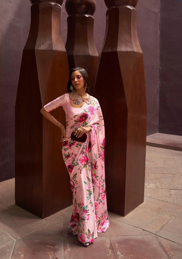 Pure Satin Crepe Digital Printed All Over With Fancy Blouse Sarees