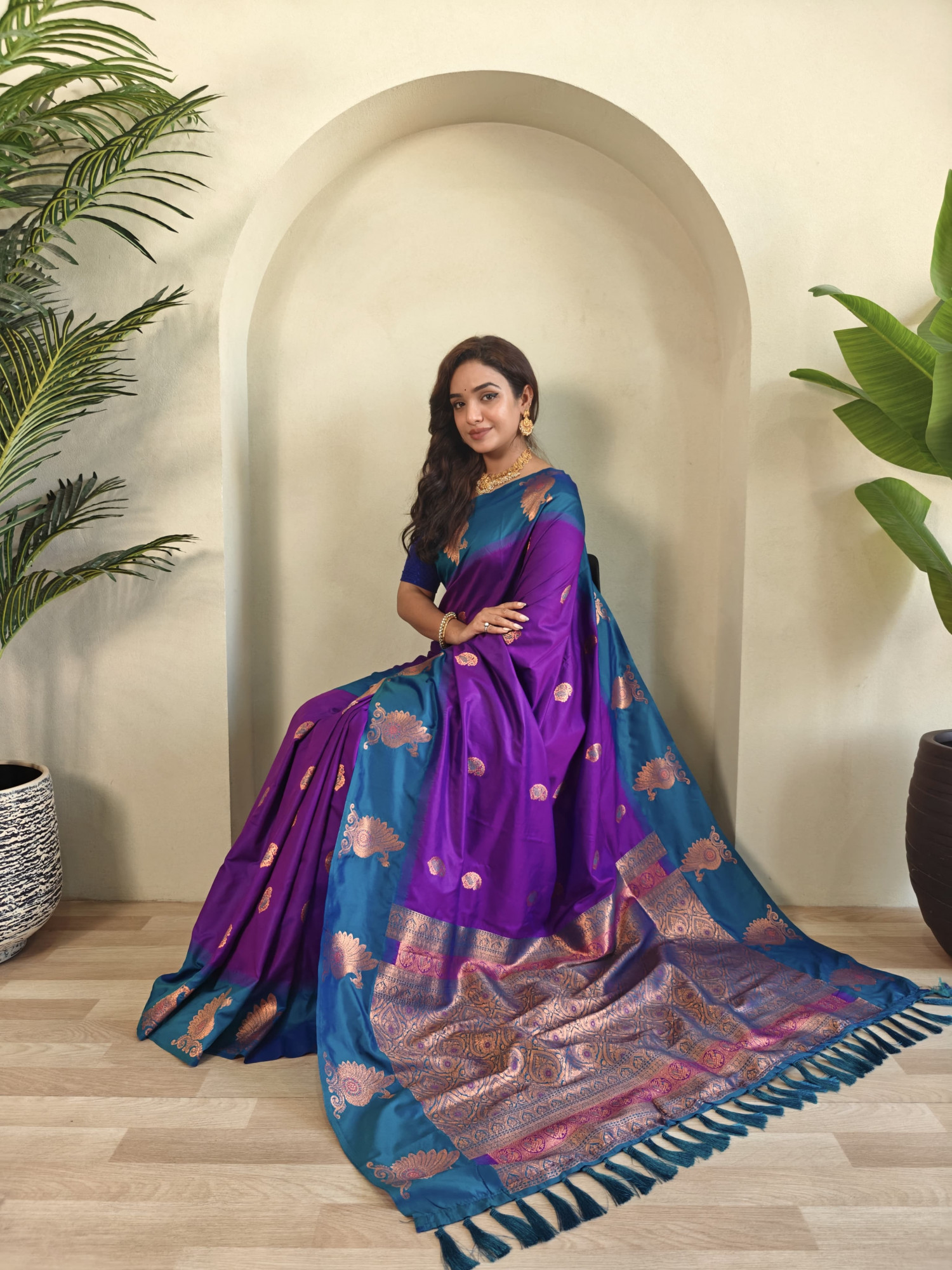 Dark Purple Banarasi Silk All Over Zari Weaved Body Motifs Border Rich Pallu Saree