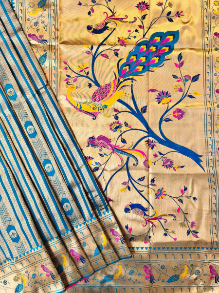 Image of Turquoise Premium Soft Paithani Silk Rich Zari Meena Weaved Saree