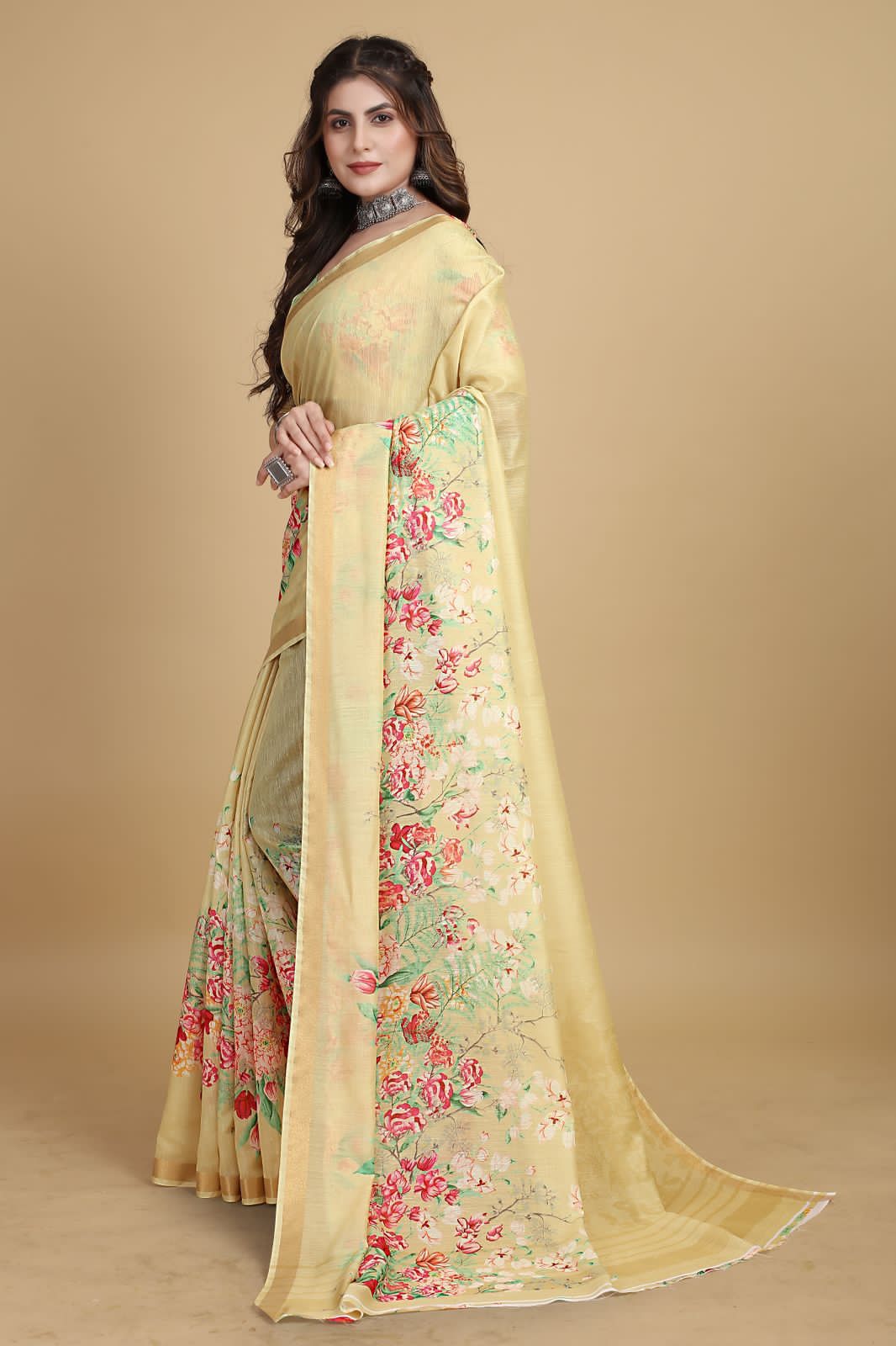 Pure Linen Digital Floral Printed With Tiny Zari Border Sarees