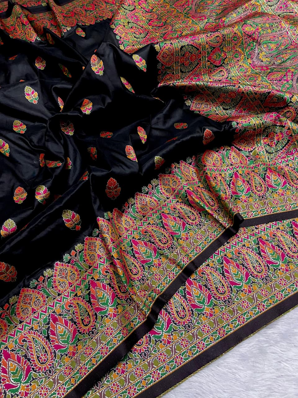 Obsidian Black Pure Kashmiri Pashmina Silk Meena Weaved Saree