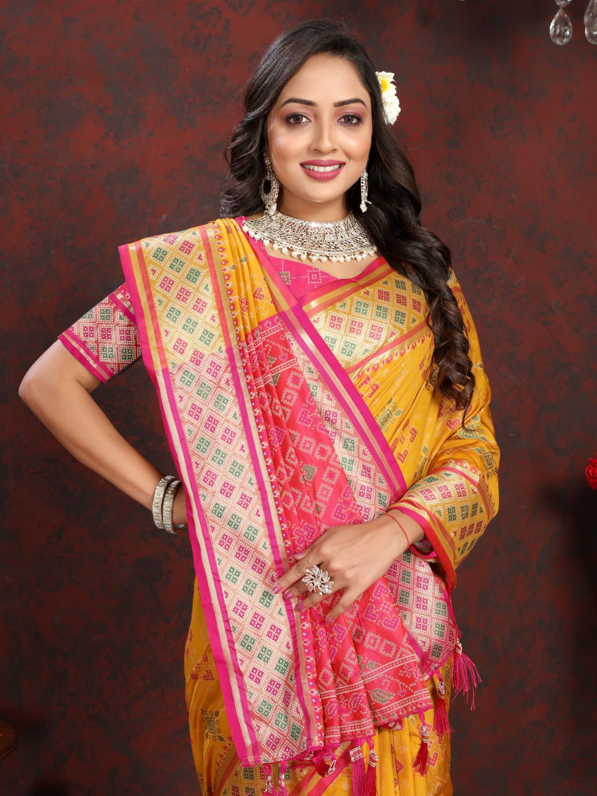 Yellow Soft Patola Silk Meenakari Weaved Saree