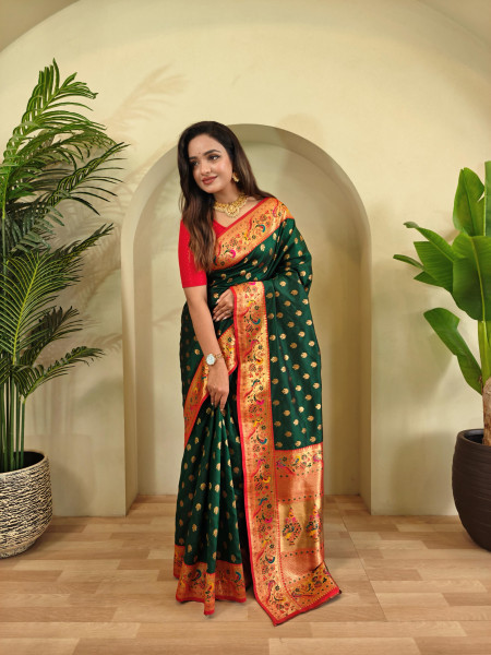 Image of Bottle Green  Banarasi Paithani Silk Zari Meena Weaved Contrast Saree