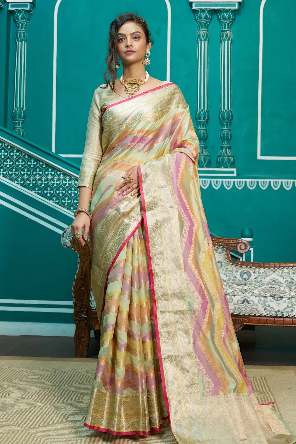 Pure Organza Silk Multi Color Lehariya Zari Weaved Pallu Sarees