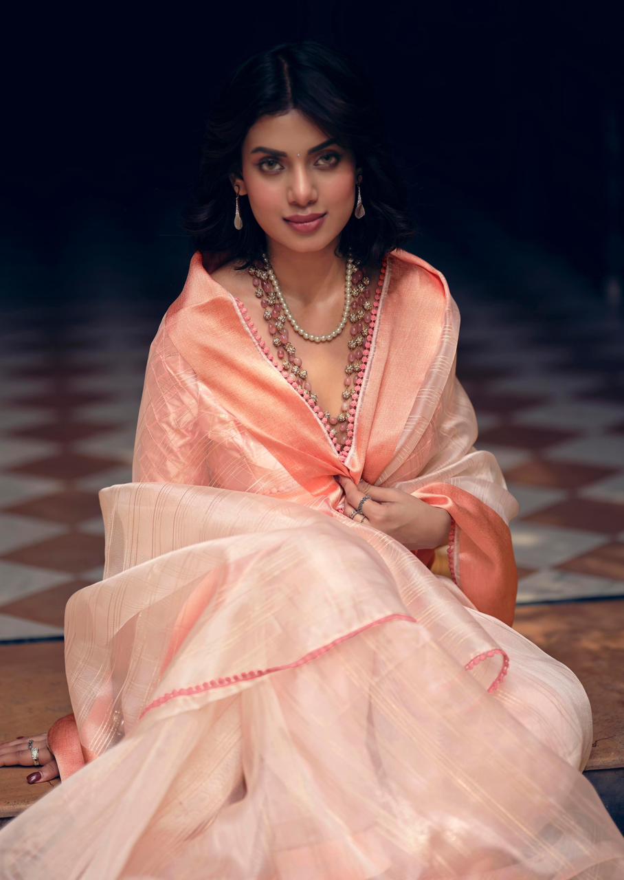 Pure Organza Silk All Over Zari Check Weaved With Satin Border Saree