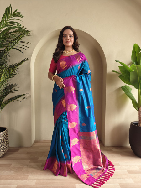 Image of Blue Banarasi Silk All Over Zari Weaved Body Motifs Border Rich Pallu Saree