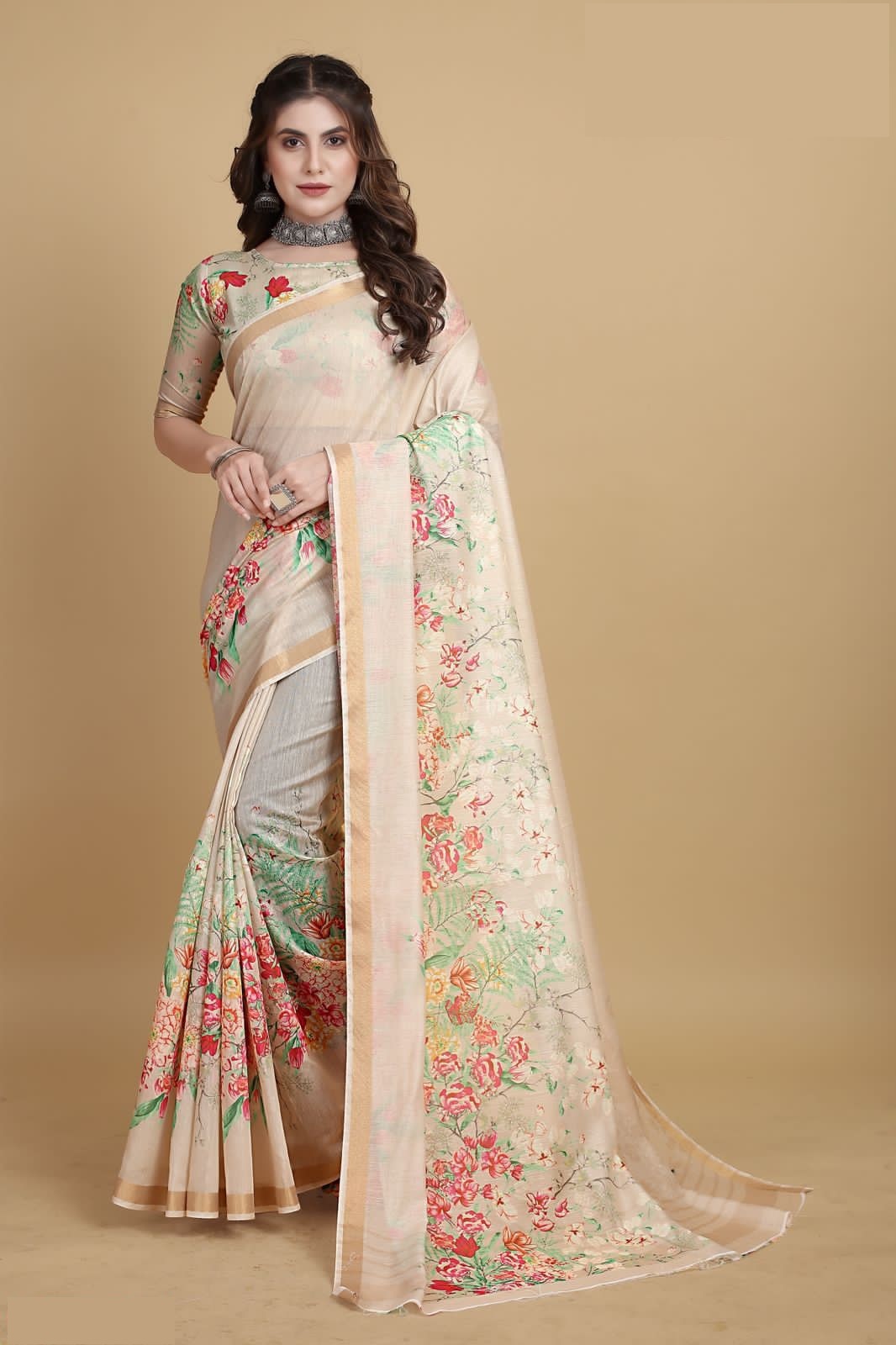 Pure Linen Digital Floral Printed With Tiny Zari Border Saree
