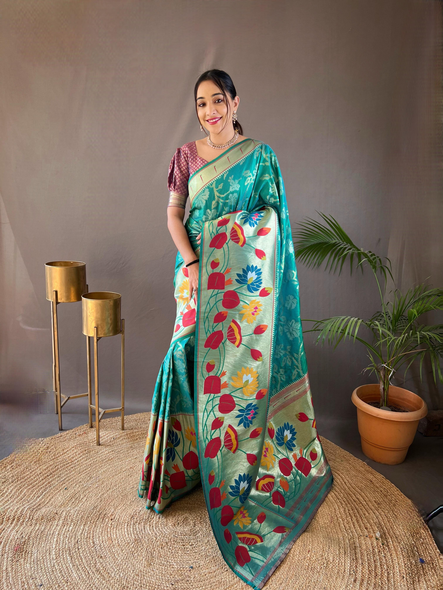 Sea Green Banarasi Paithani Silk Rich Zari Meenakari Weaved Saree