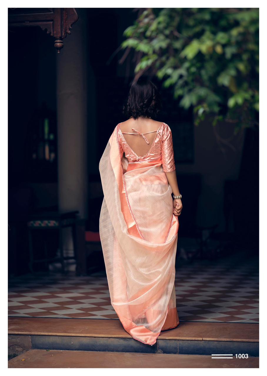 Pure Organza Silk All Over Zari Check Weaved With Satin Border Saree