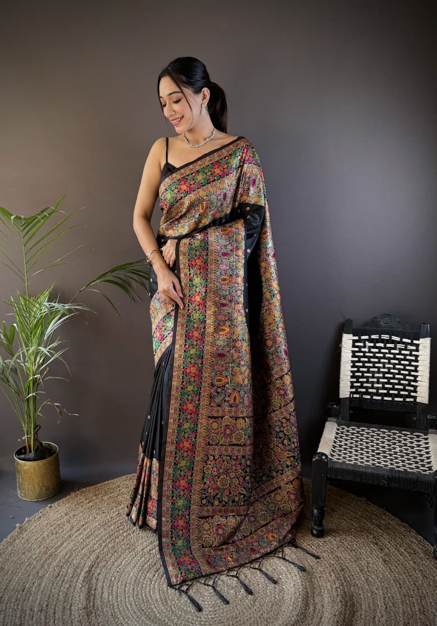 Midnight Black Pure Kashmiri Pashmina Silk Meena Weaved Saree