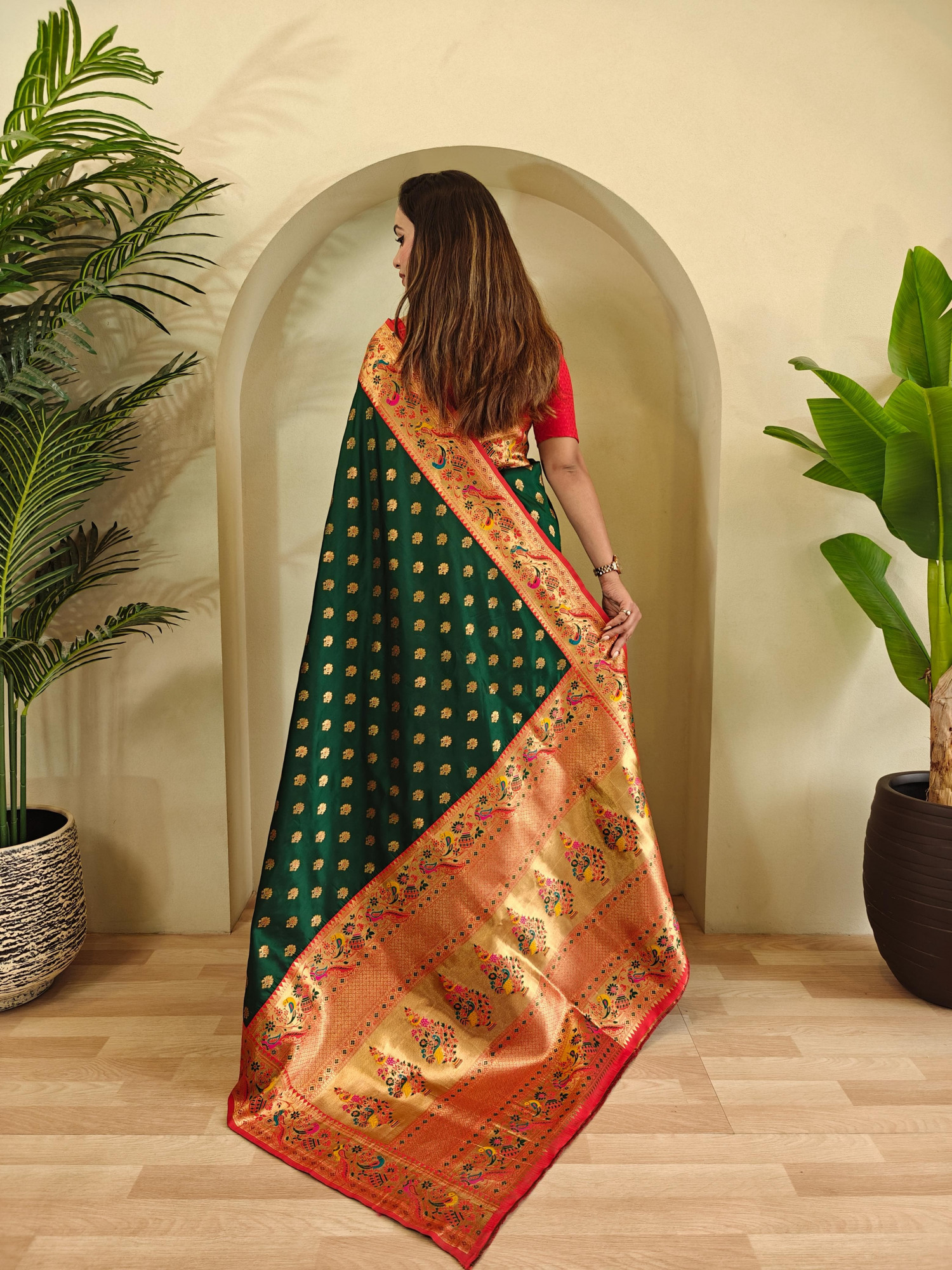 Bottle Green Banarasi Paithani Silk Zari Meena Weaved Contrast Saree