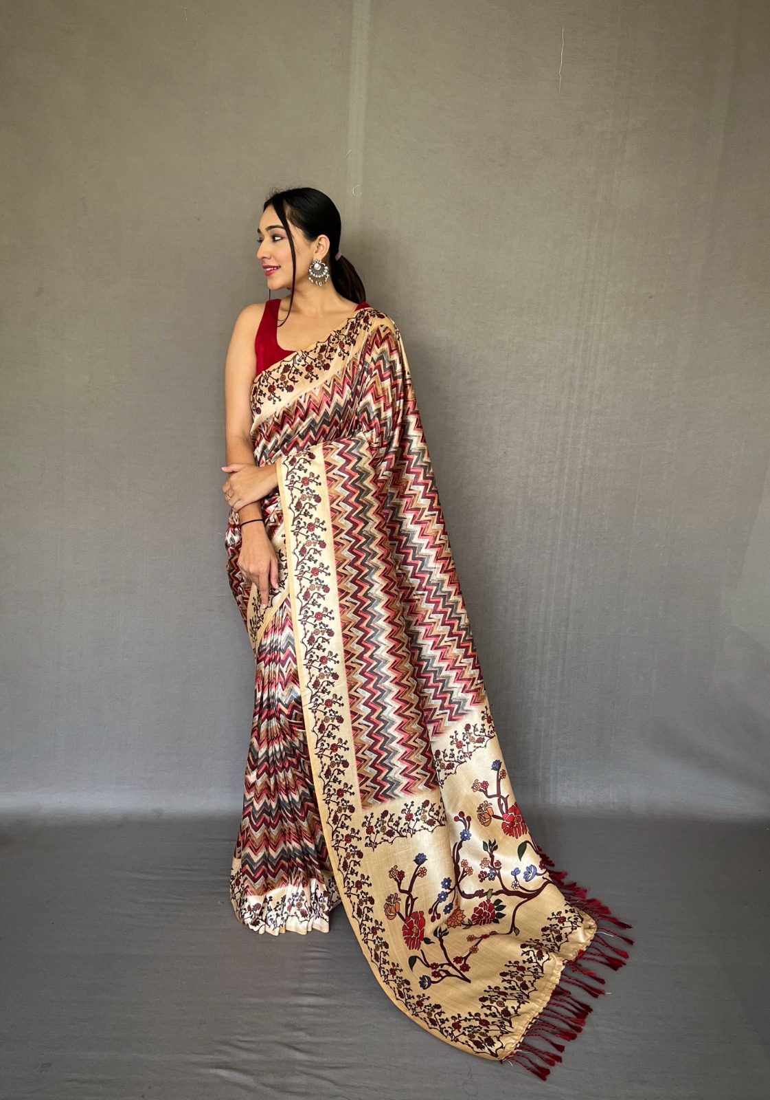 Soft Silk Paithani Style Printed All Over With Tassels On Pallu Sarees