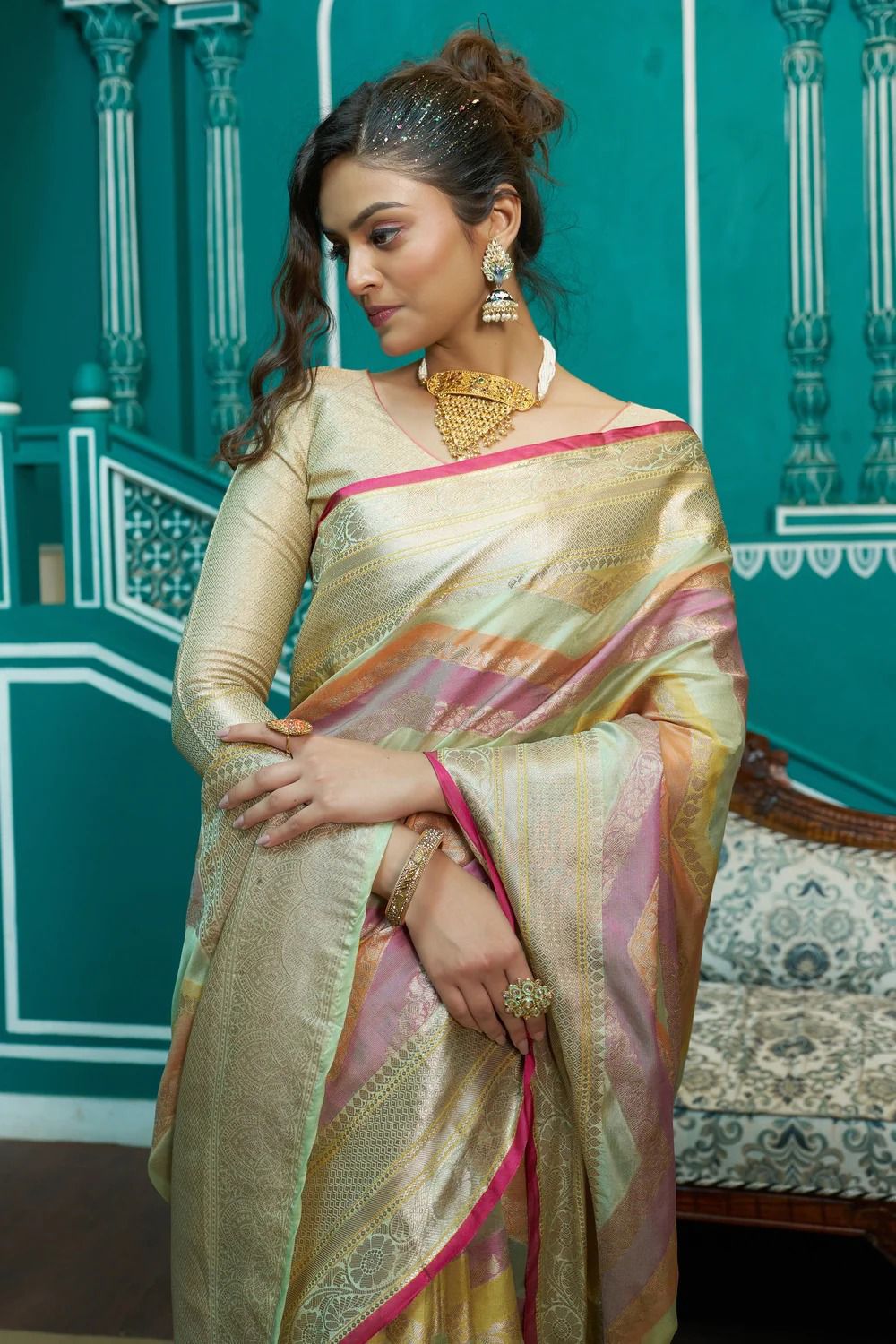 Pure Organza Silk Multi Color Lehariya Zari Weaved Pallu Sarees