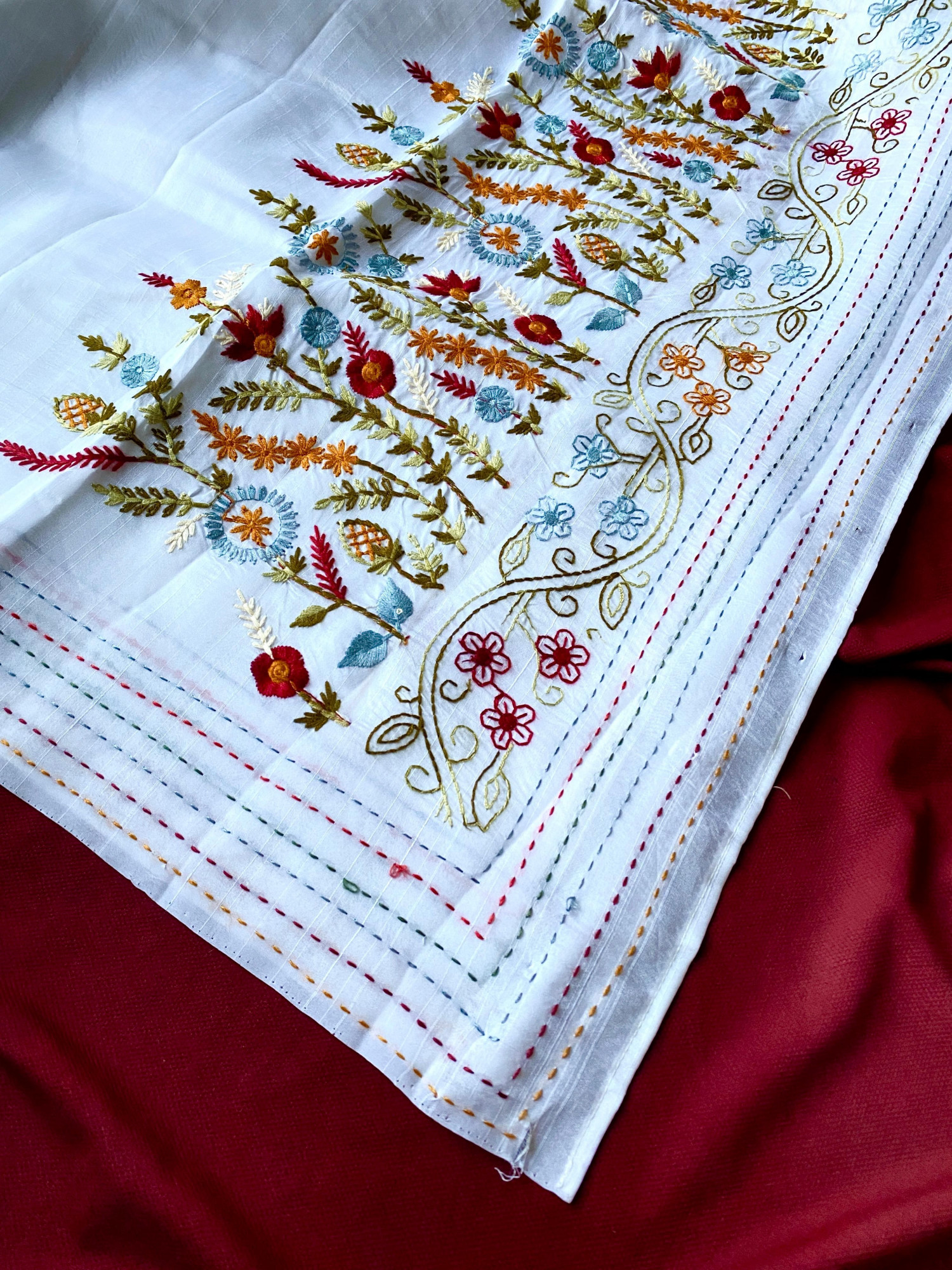 Pure White Premium Tussar Silk Multi Embroidered Saree