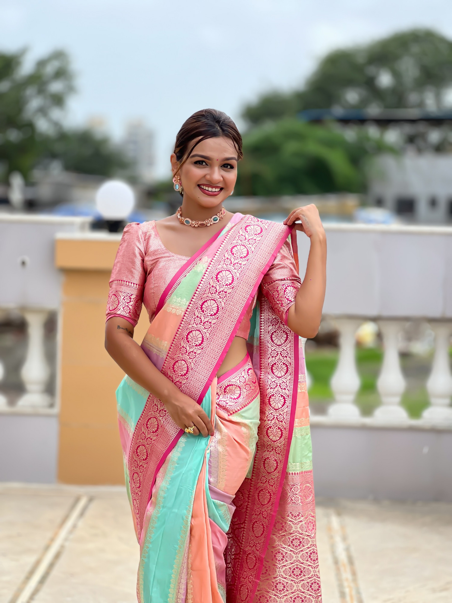 Multicolor Pure Banarasi Silk Rich Zari Weaved Pallu Raani Border Saree