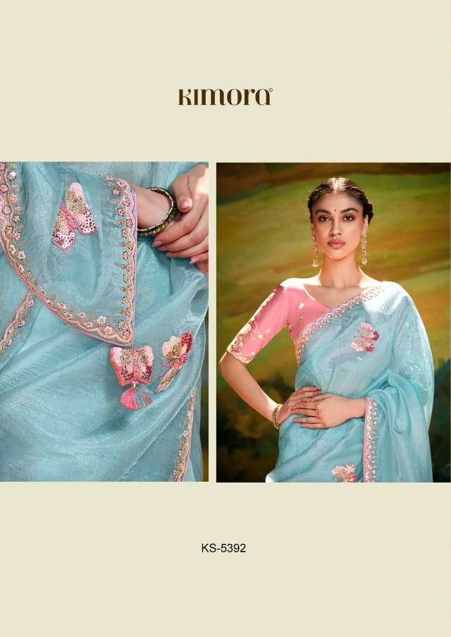 Sky Blue Pure Tissue Organza Embroidered Sequence Worked Saree