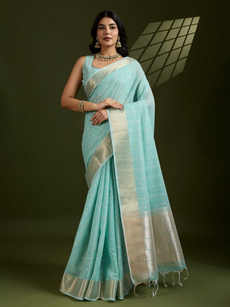 Image of Sky Blue Pure Linen Tissue Silk Check Weaved Body Rich Zari Weaved Pallu Border Saree