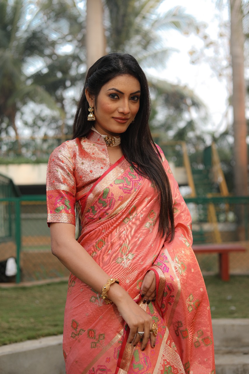 Peach Premium Organza Silk Ikkat Patola Weaved Saree