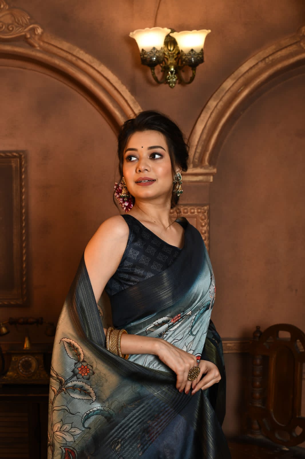 Ghicha Tussar Silk All Over Kalamkari Print Rich Zari Pallu Saree