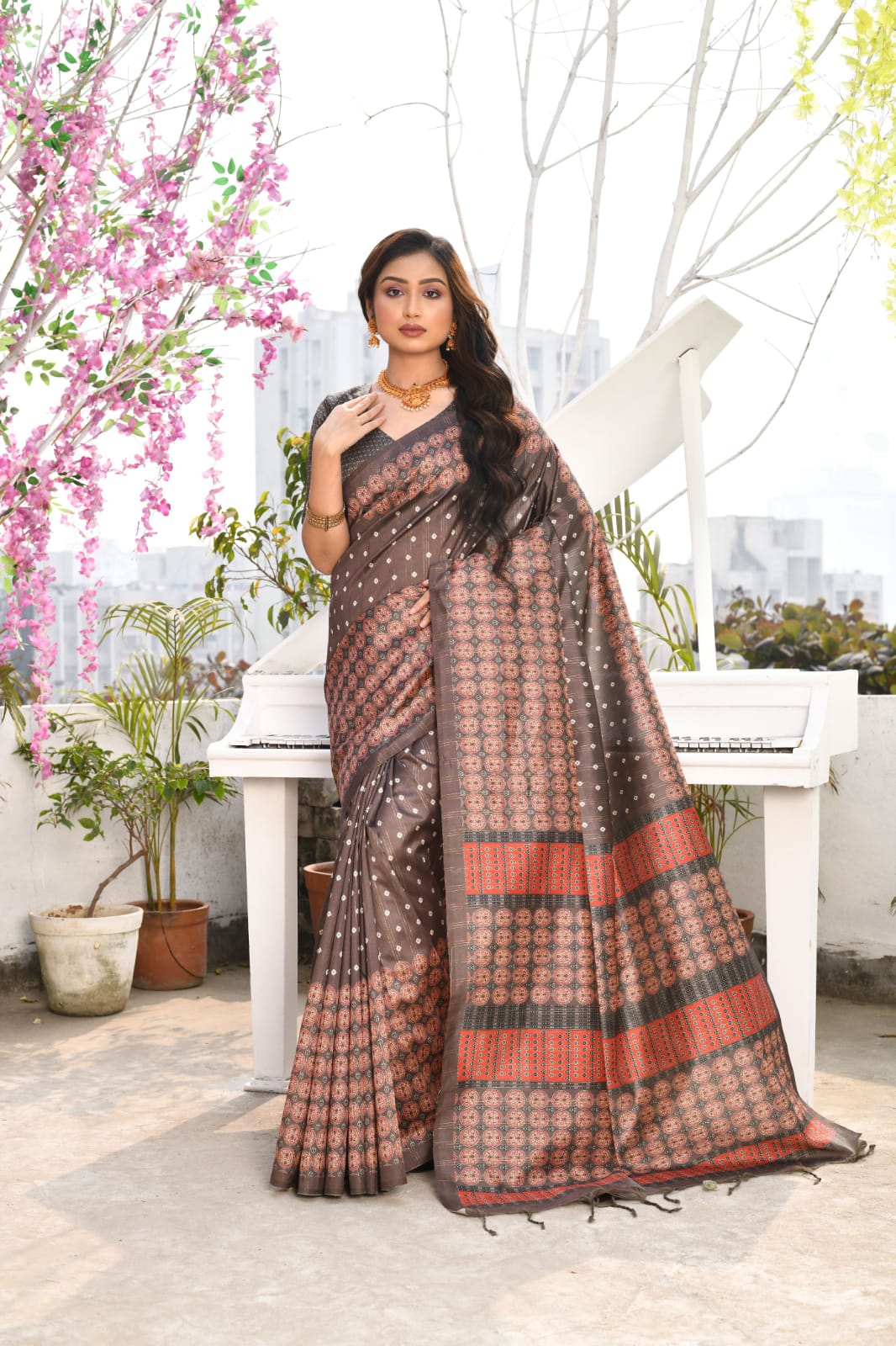 Cotton Silk All Over Zari Striped Pattern With Printed Pallu Saree