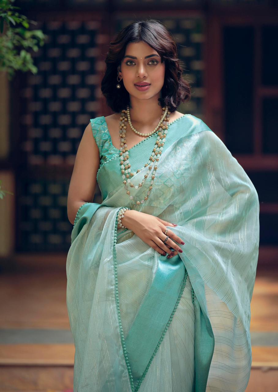 Pure Organza Silk All Over Zari Check Weaved With Satin Border Saree