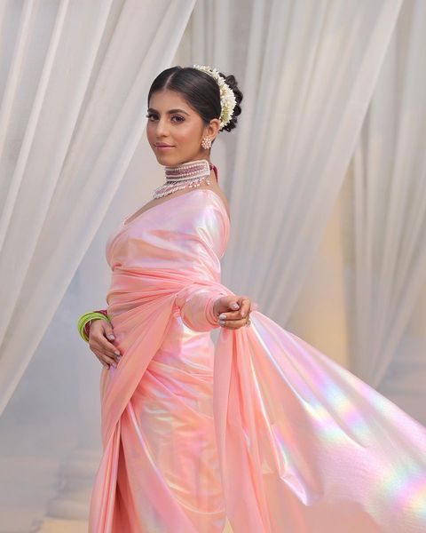 Lilac Chrome Satin Silk All Over Rainbow Shades Saree