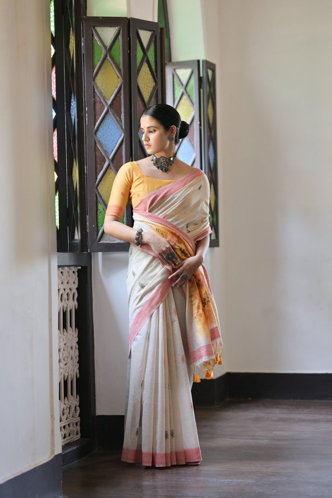 Beige Pure Muga Cotton Contrast Weaved Gold Pallu Saree