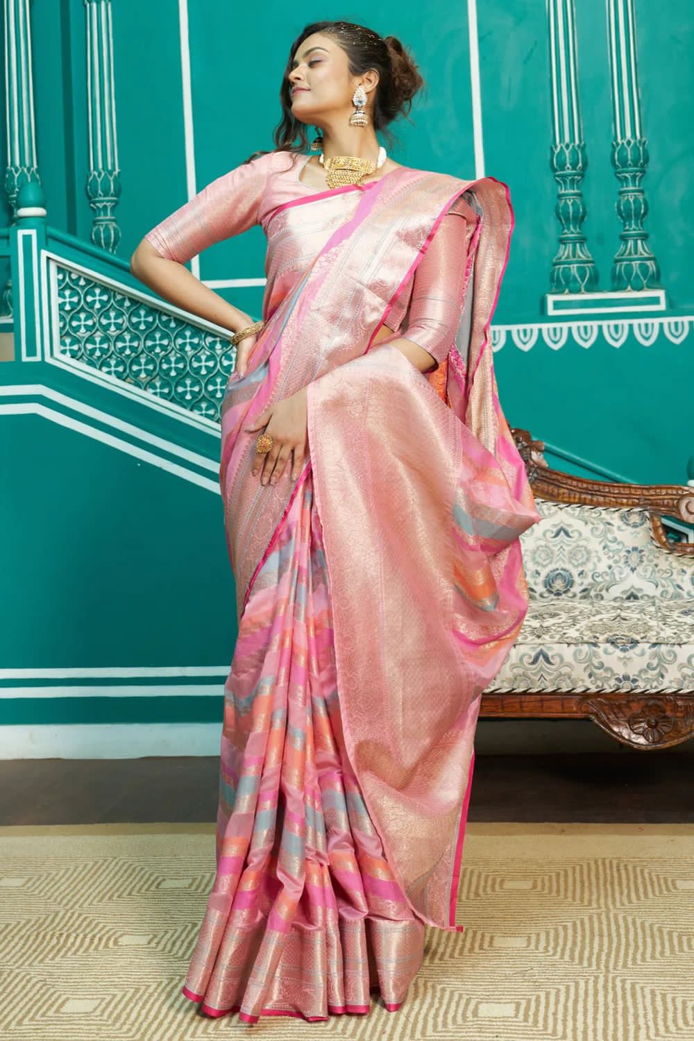 Pure Organza Silk Multi Color Lehariya Zari Weaved Pallu Saree