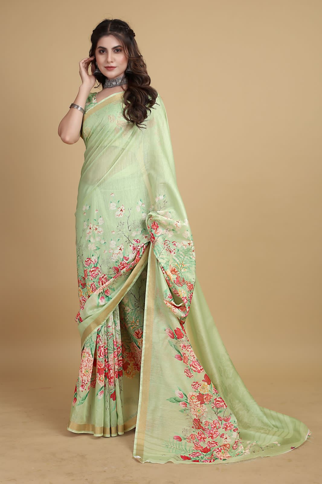 Pure Linen Digital Floral Printed With Tiny Zari Border Saree