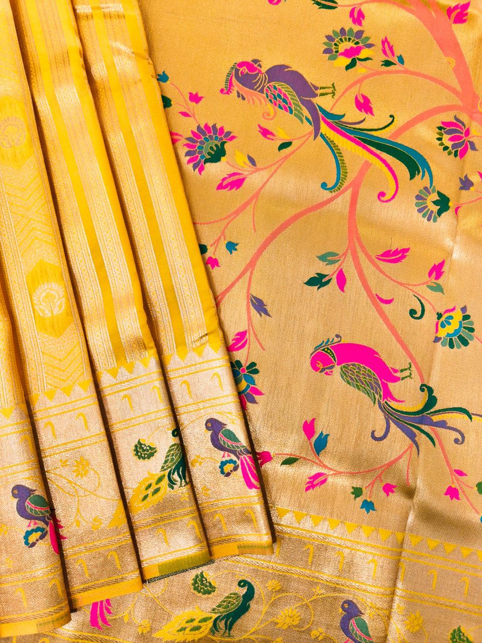 Gold Premium Soft Paithani Silk Rich Zari Meena Weaved Saree