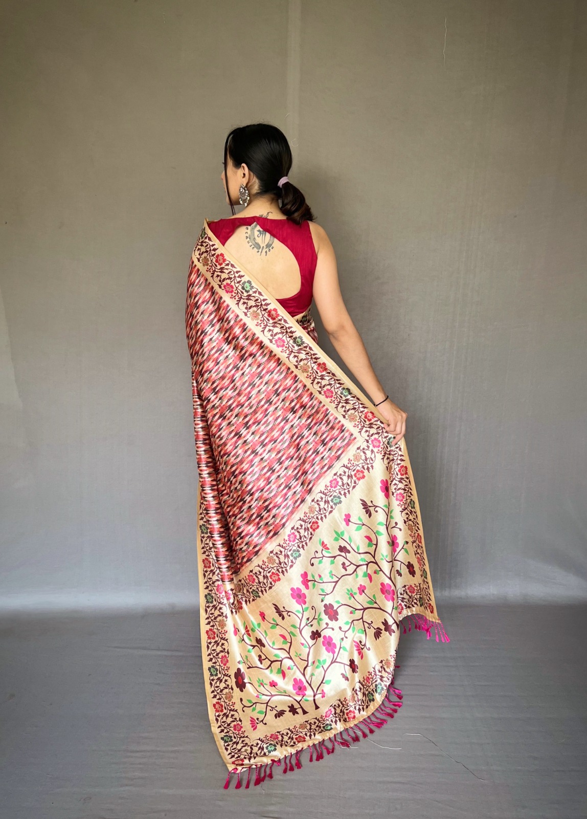 Soft Silk Paithani Style Printed All Over With Tassels On Pallu Saree