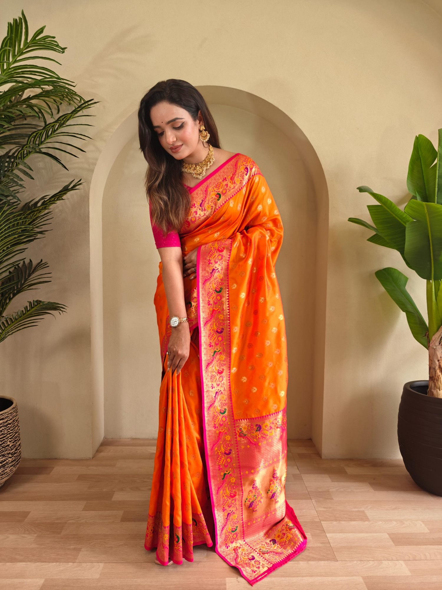 Orange Banarasi Paithani Silk Zari Meena Weaved Contrast Saree