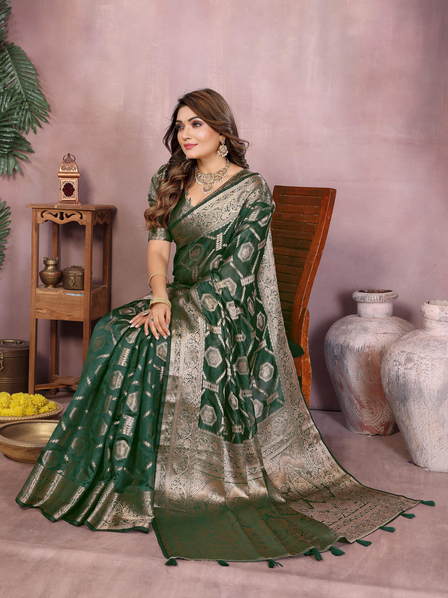 Dark Green Soft Organza Silk Rich Zari Weaved Body Pallu Border Saree