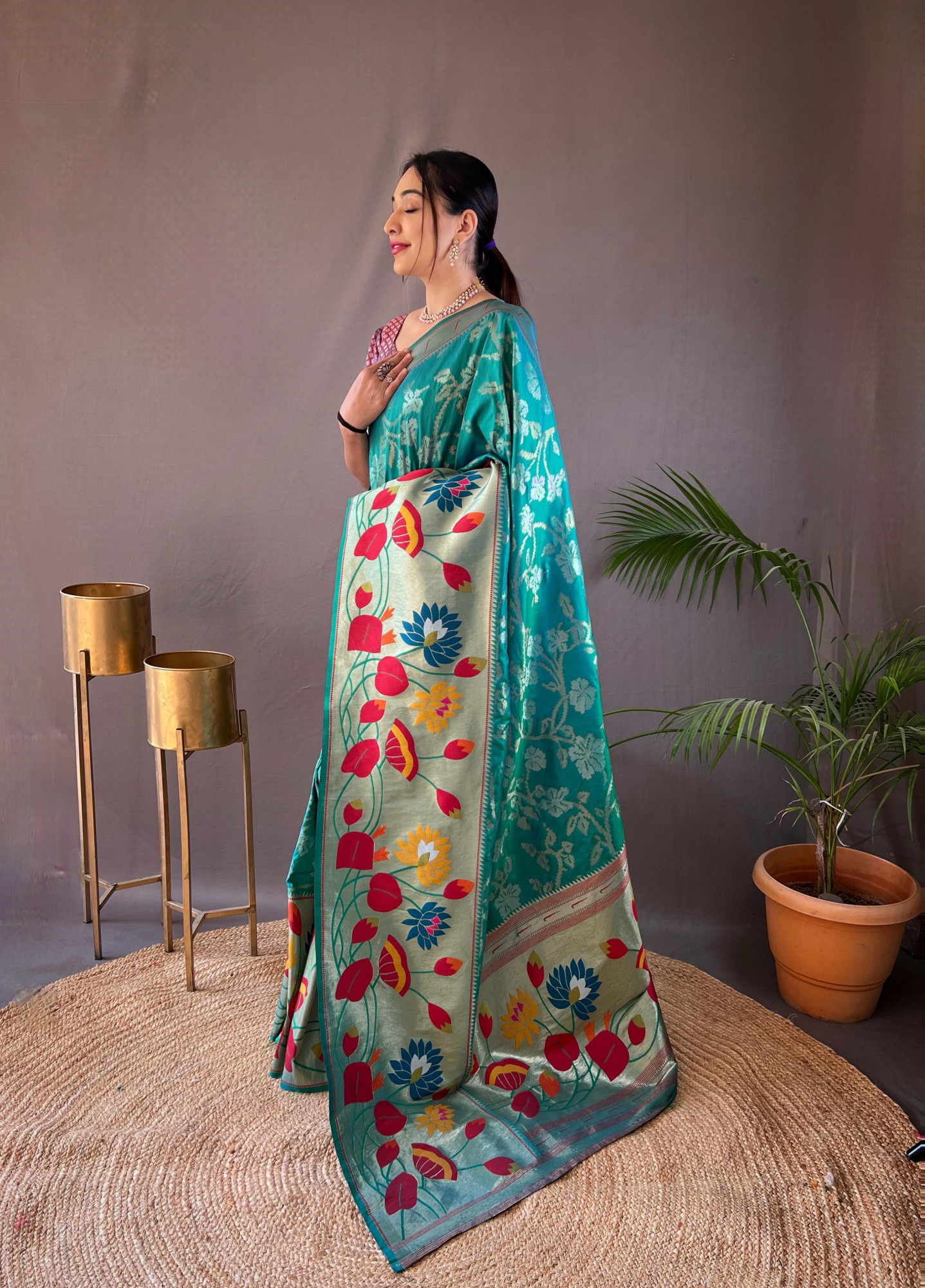 Sea Green Banarasi Paithani Silk Rich Zari Meenakari Weaved Saree