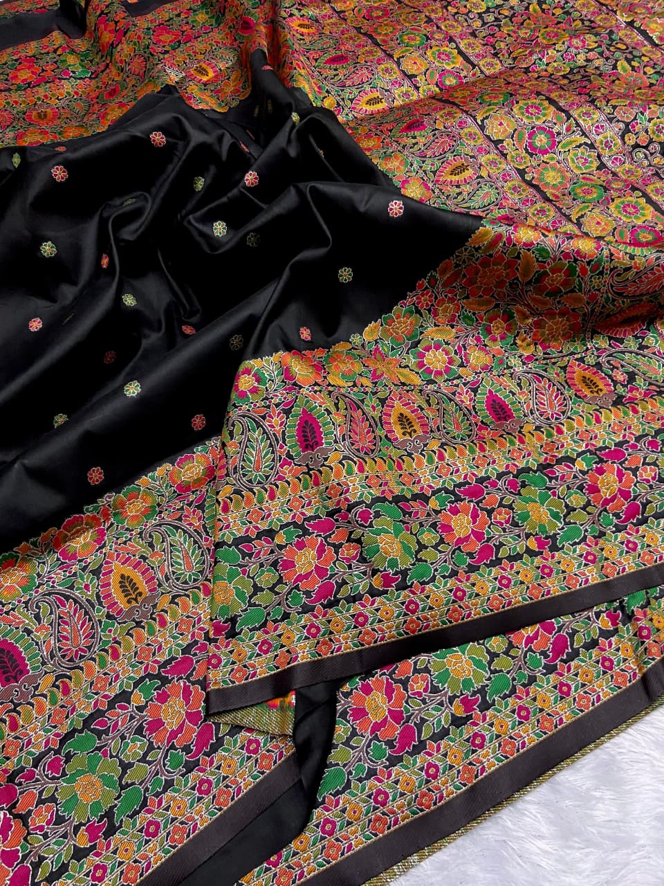 Midnight Black Pure Kashmiri Pashmina Silk Meena Weaved Saree