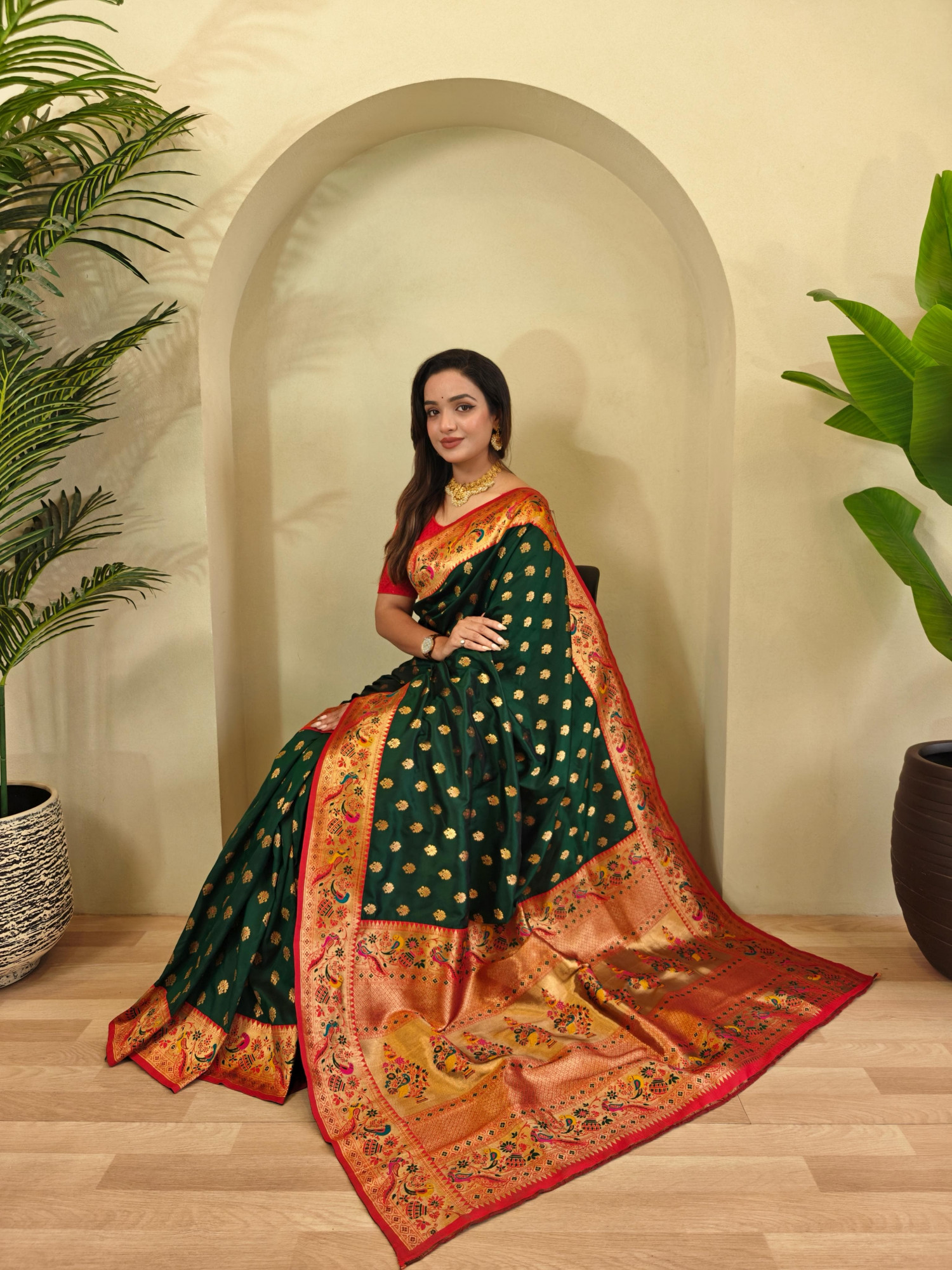 Bottle Green Banarasi Paithani Silk Zari Meena Weaved Contrast Saree