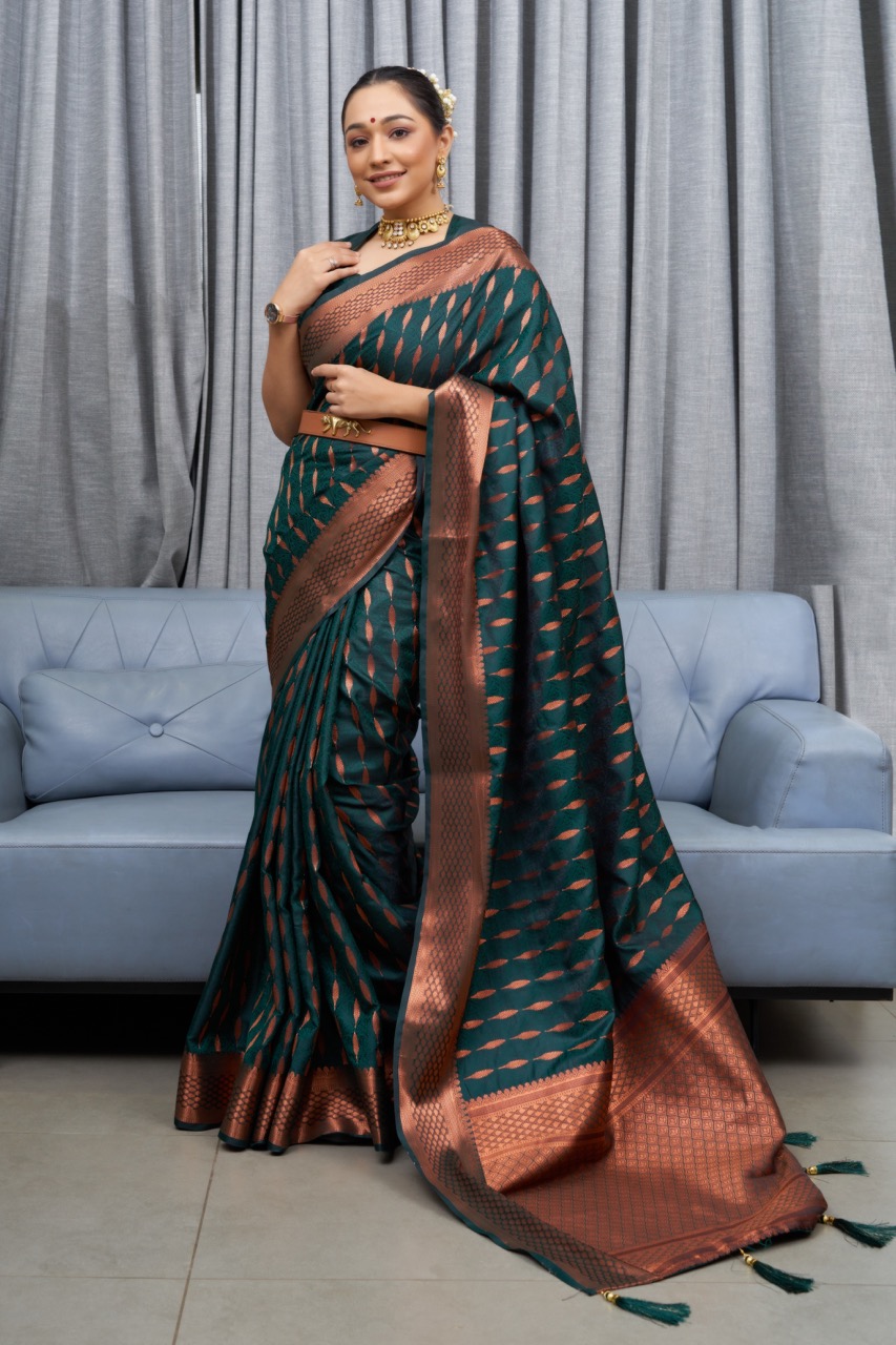 Pure Banarasi Silk Copper Zari Weaved Rich Pallu And Border Sarees
