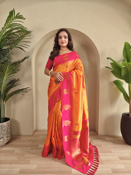 Image of Gold Banarasi Silk All Over Zari Weaved Body Motifs Border Rich Pallu Saree